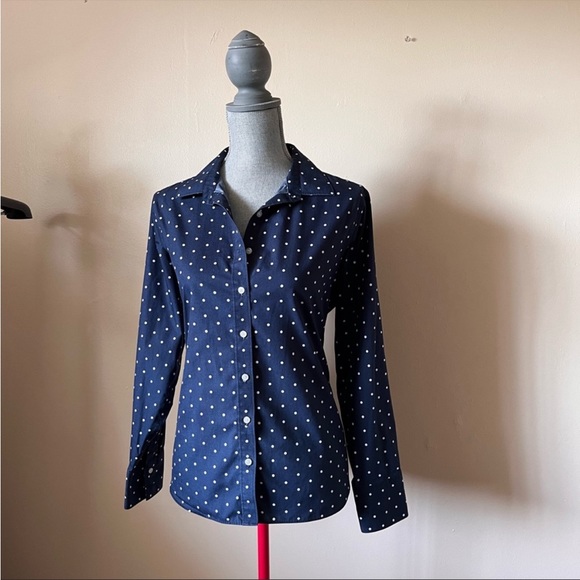 Lands end blue cotton polka dot button up shirt - Picture 2 of 11